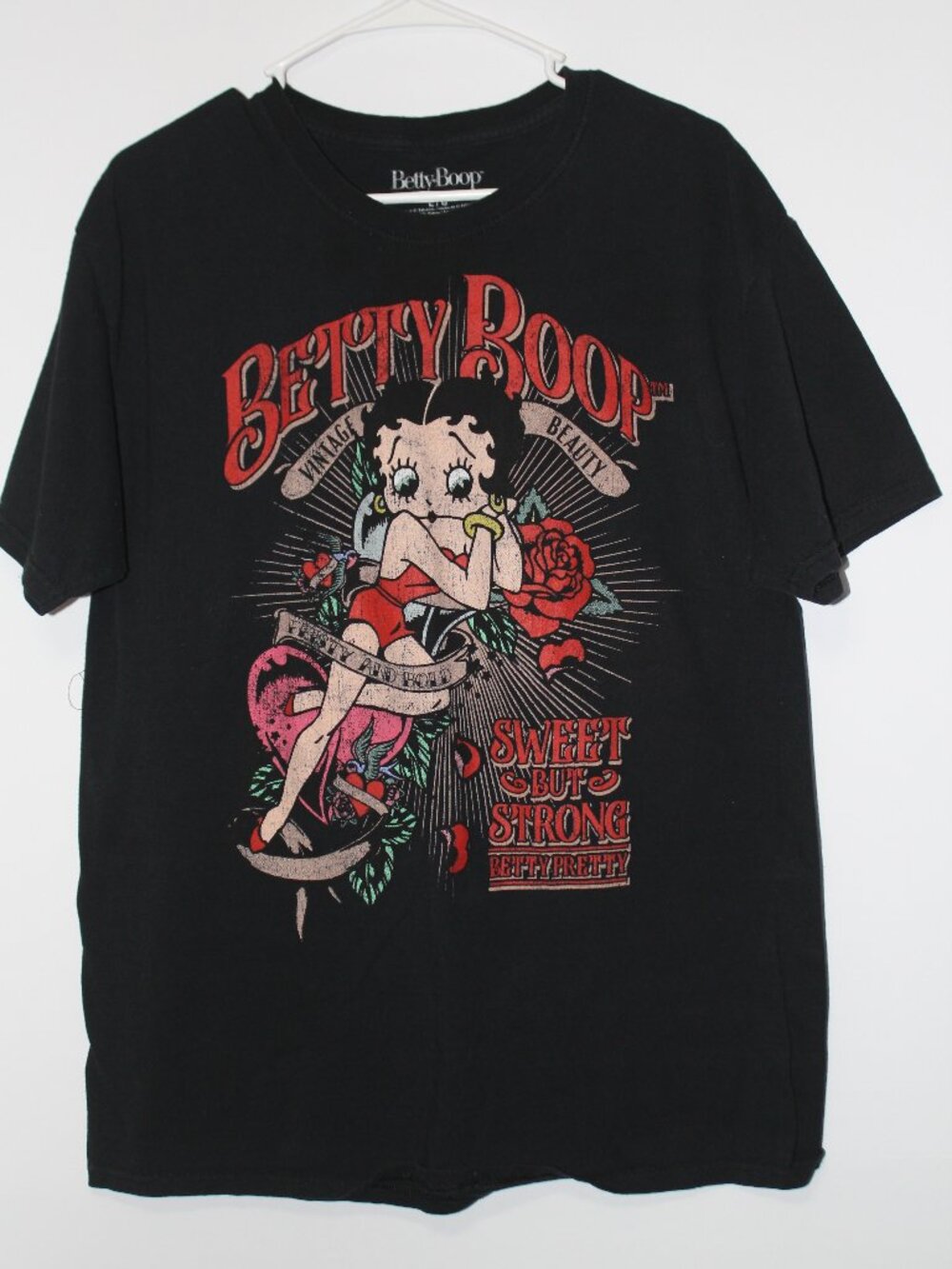 Betty Boop Women’s Large Black Graphic T-Shirt Rose Tattoo Style